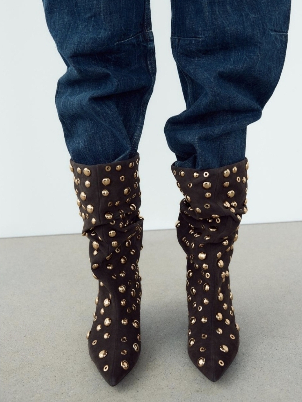 Zara Studded Slouchy Brown Suede Boots with Gold Studs